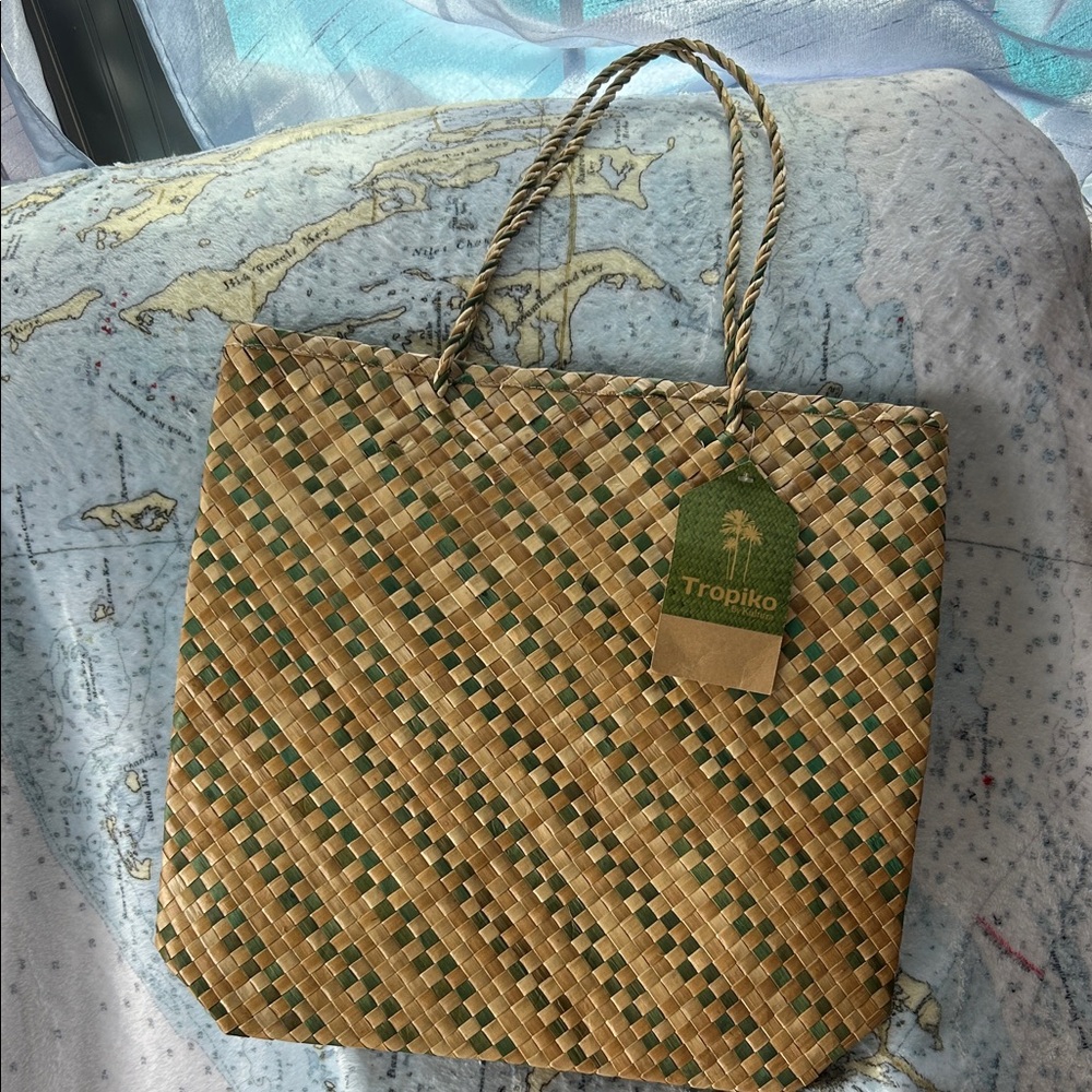 Tropical Woven Tote in Tan and Green NWT
